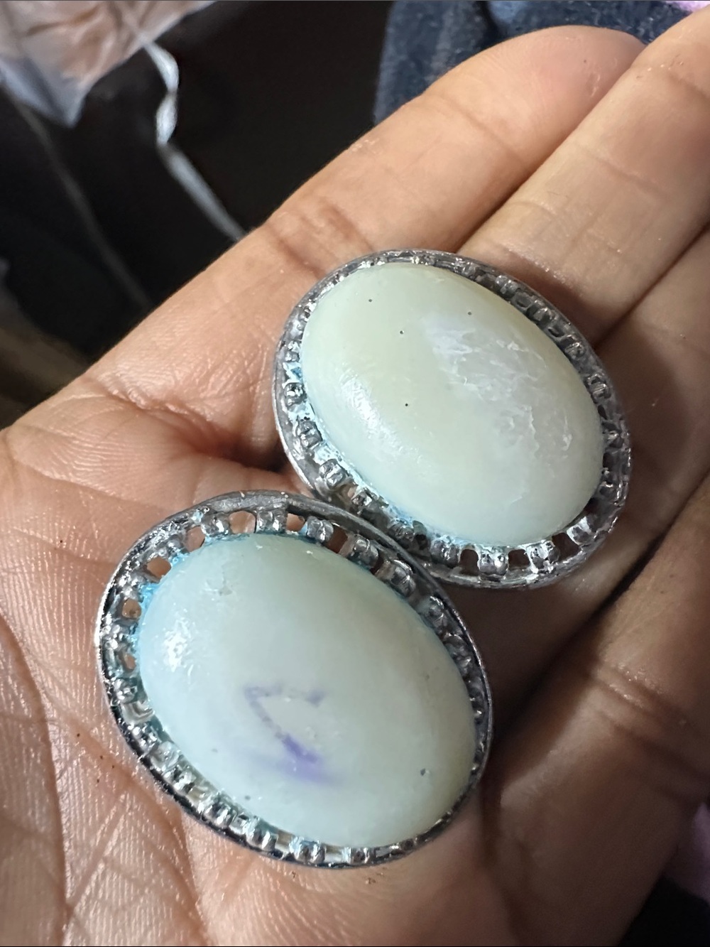White Oval Stone Silver-Tone Earrings -Alter/wear/tear